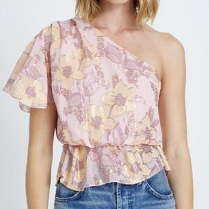 7 For All Mankind Pink Metallic Floral One Shoulder Silk Top Size Medium
